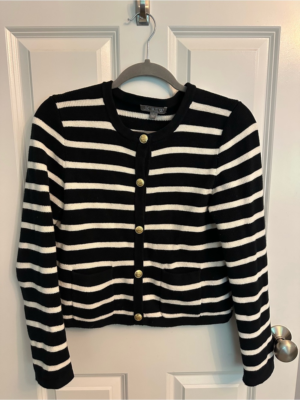 J. Crew Black and White Striped Button Cardigan
